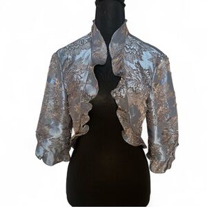Cachet beaded cropped bolero jacket Jacquard blue and brown floral design Medium